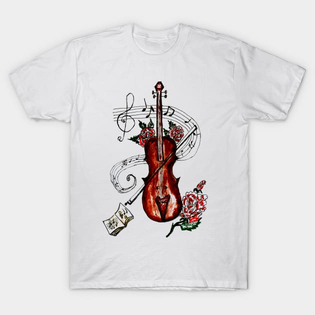 Brown Violin with Notes T-Shirt by AnnArtshock